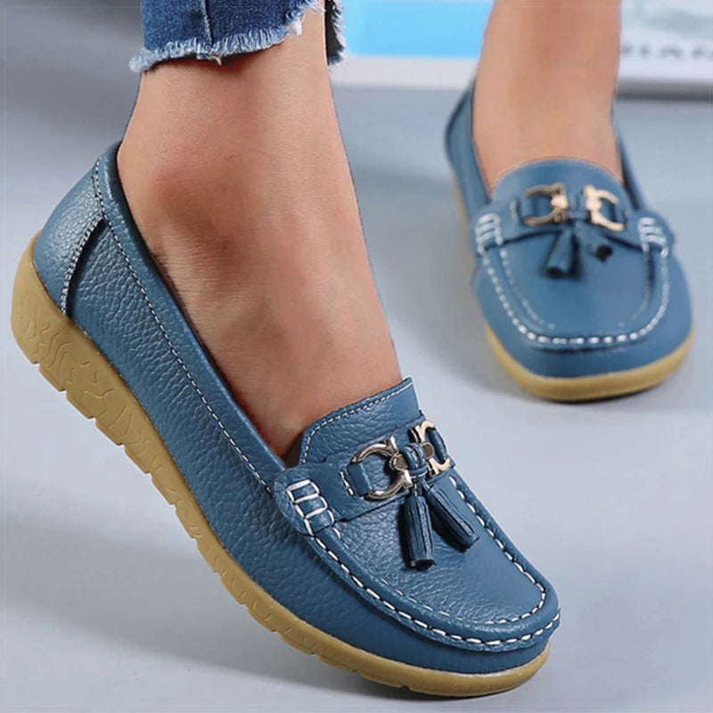 Mocassin femme élégante bout rond doublure en daim Bleu clair