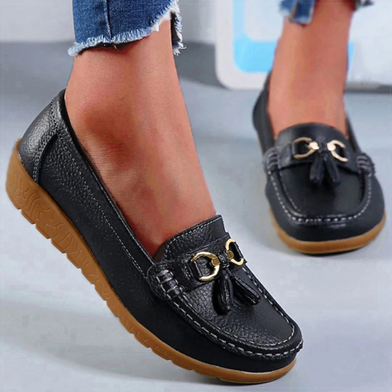 Mocassin femme élégante bout rond doublure en daim Noir